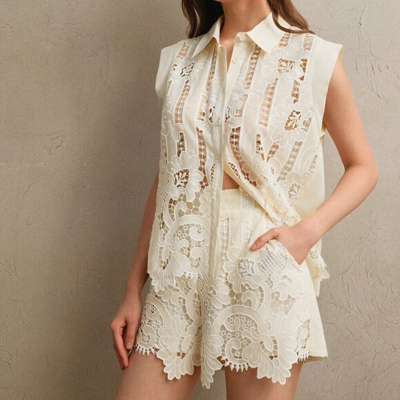 Elegant Womens Old money Exquisite Heavy Embroidered Lace top &  short Set - Picture 4 of 7